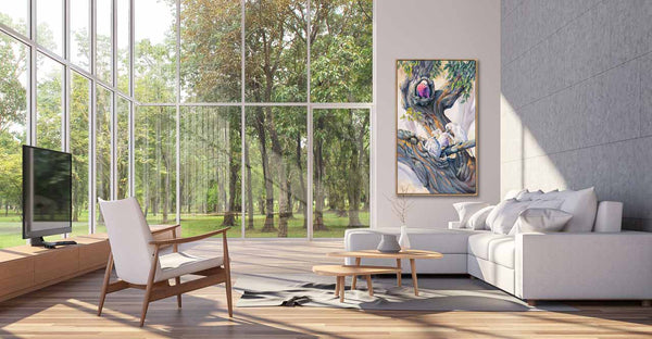 Original painting Noisy Neighbour shown in the room like setting  for easier visualisation