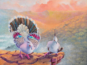 Wall art of a male crested pigeon trying to impress female pigeon on a gorgeous pink sunrise available as paper print - created from my original painting
