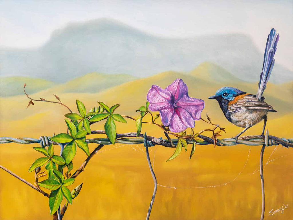 Floral Affair - Blue Fairy-wren Original Oil Painting