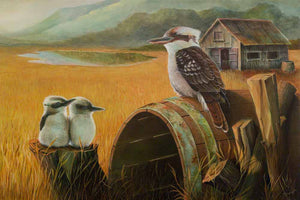 Kookaburra looking over it's little ones in the outback is the scene of this wall art now available as paper & canvas print - created from my original painting