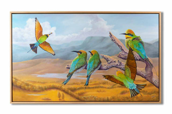 Original painting Rainbow Bee-eaters shown in its original oak frame