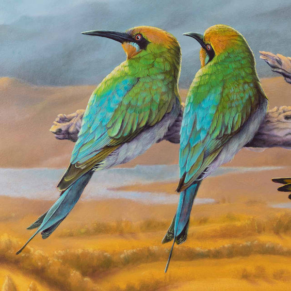 Close up two of the original painting Rainbow Bee-eaters 