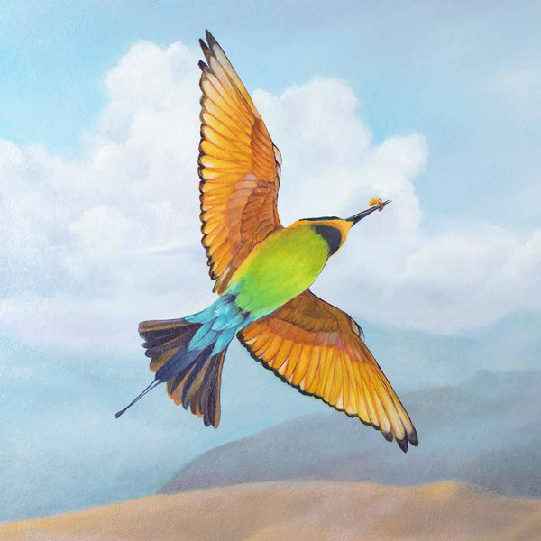 Close up three of the original painting Rainbow Bee-eaters 