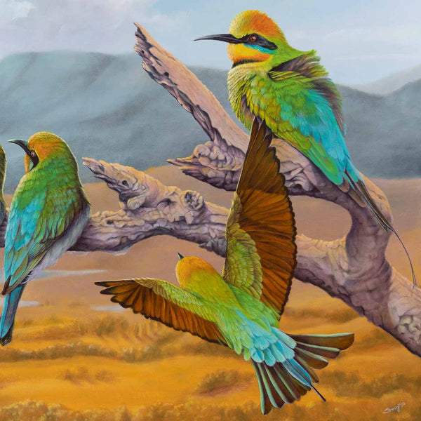 Close up of original painting Rainbow Bee-eaters 