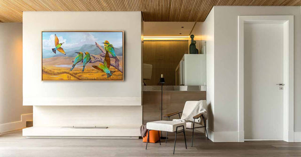 Original painting Rainbow Bee-eaters shown in room like setting for easier visualisation.