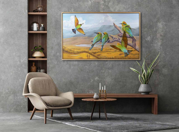 Original painting Rainbow Bee-eaters shown in home like setting for easier visualisation