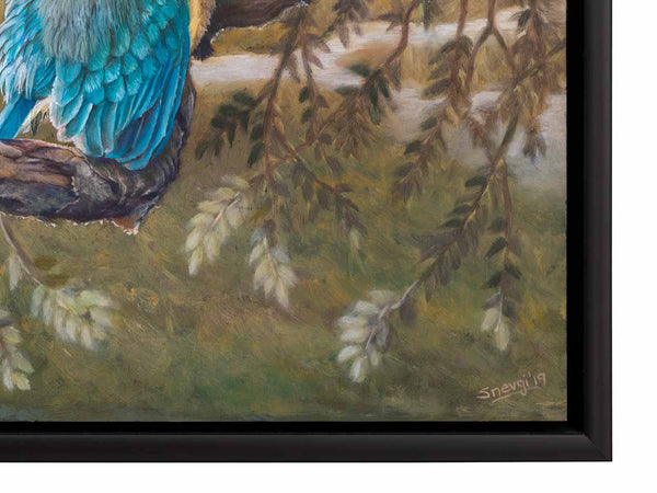 Original painting sacred kingfisher close up of frame and signature