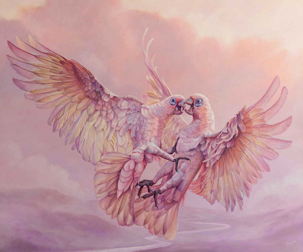Wall art for your home available as fine art paper print of corella birds having a tussle mid air against the early morning storm in gorgeous pink light - created from my original painting