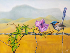 Wall art available as fine art paper print for your interior décor of a blue fairy wren admiring a flower against a mountainous background - created from my original painting