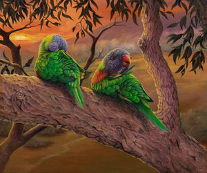 This gorgeous wall art of rainbow lorikeets preening themselves in early morning light available as wall art for your home and office - created from my original painting