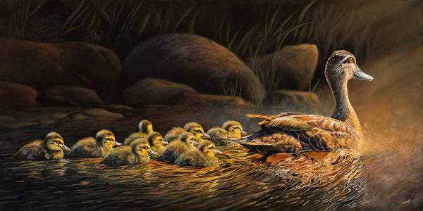 Motherly duck with its nice ducklings swimming away in the golden light, can a wall art get prettier than this? - created from my original painting
