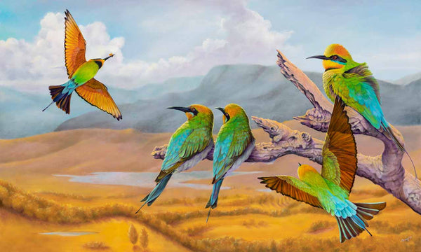 five rainbow bee-eaters taking turns for their breakfast on a branch against beautiful scenery in this wall art - created from my original painting