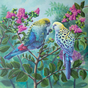 Male and female pale headed rosellas enjoying their moment, what a perfect wall art for a perfect home - created from my original painting available as paper and canvas print